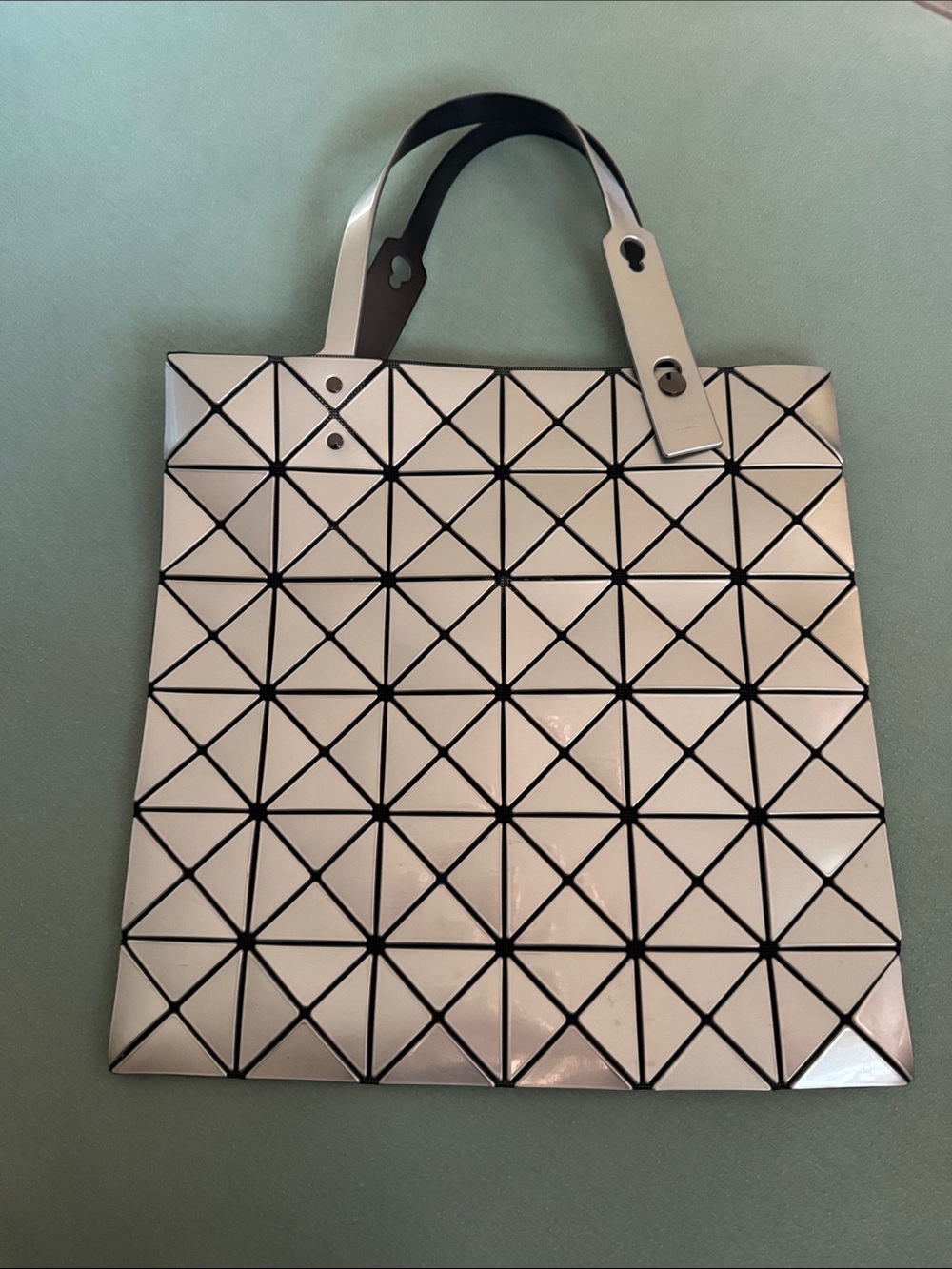 Issey Miyake White Tote with Black Geometric Grid